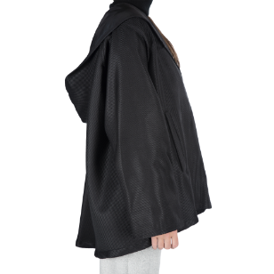 Veste cape double face à capuche en soie et taffetas noir